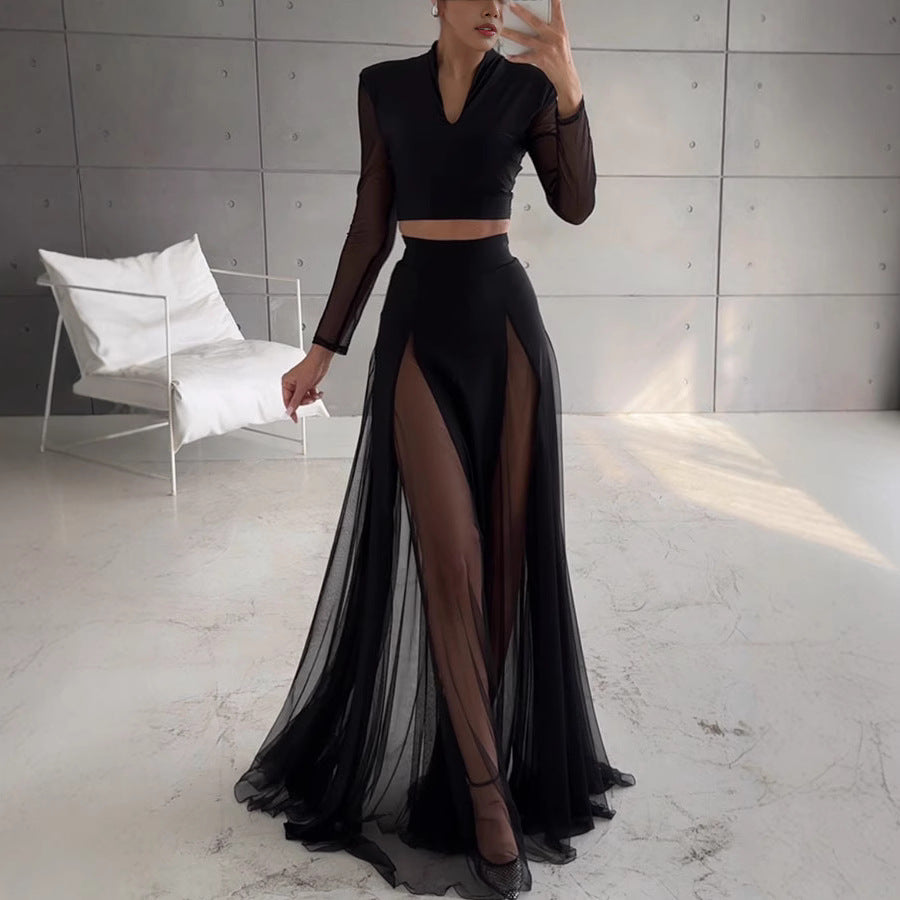 Elastic Mesh Splicing Long Sleeve Set + INS Resort Skirt Two-Piece Set