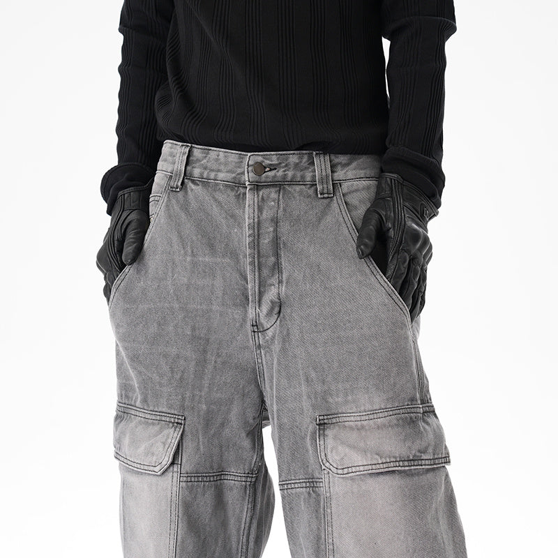 Distressed Multi-pocket Casual Loose Straight-leg Denim Overalls