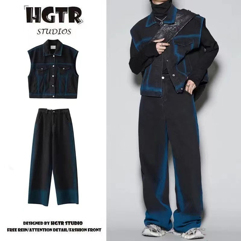 Spray Color Gradient Distressed Vest Coat Jeans Suit