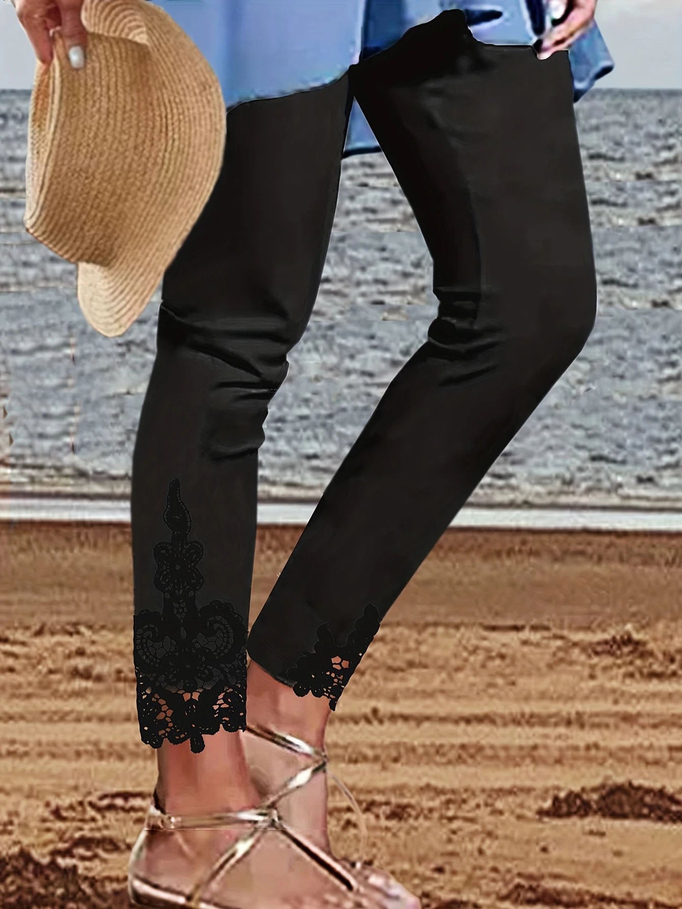 Tight Pants Lace Stitching Hollow-out Cropped Trousers For Women
