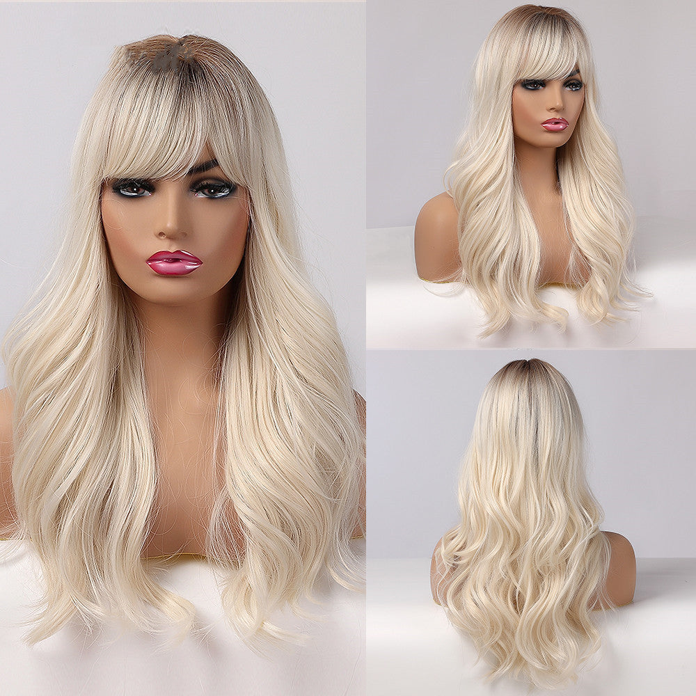 Ladies Wig Brown Black Long Curly Bangs