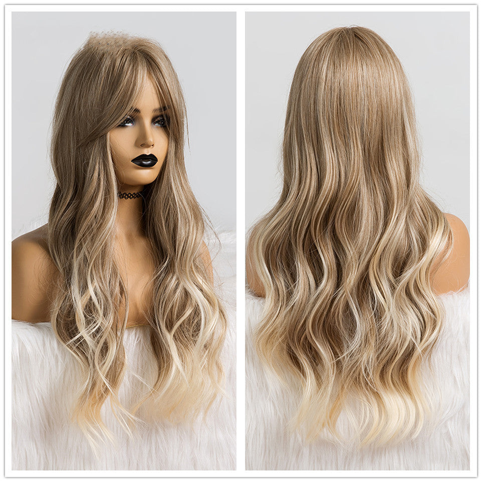 Ladies Wig Brown Black Long Curly Bangs