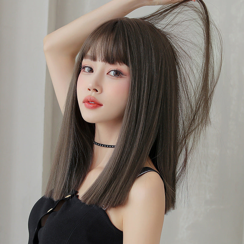 Wig Female Long Hair Full Headgear Black Long Straight Hair Natural Air Bangs