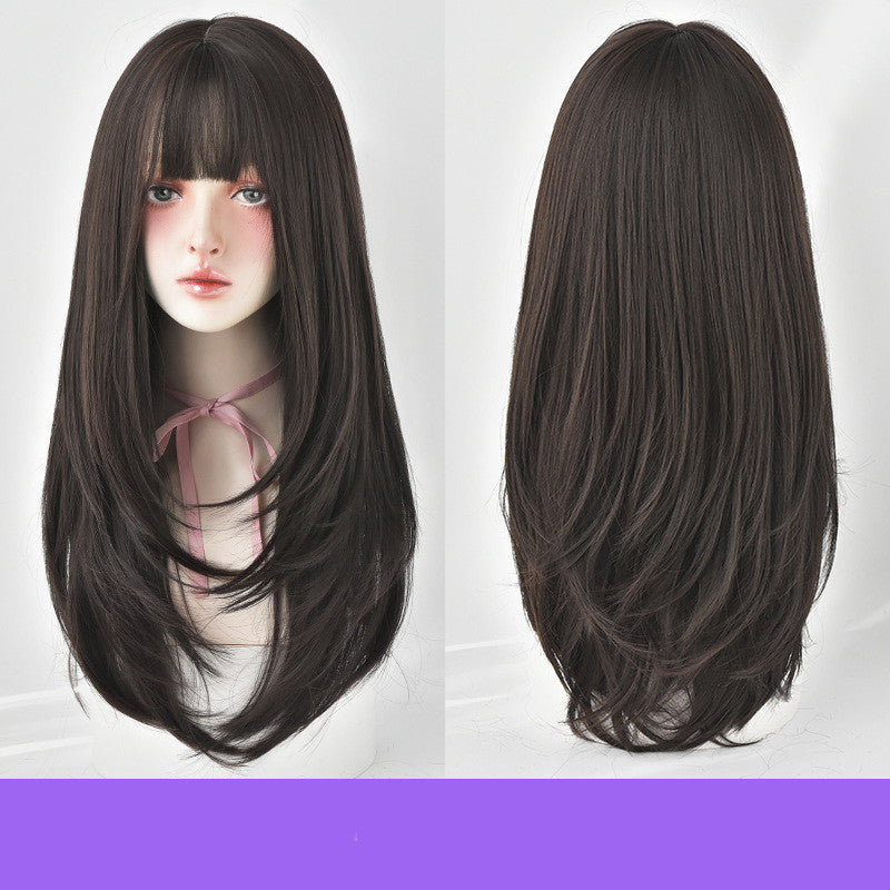 Wig Female Long Hair, Long Straight Hair, Inner Button Air Bangs