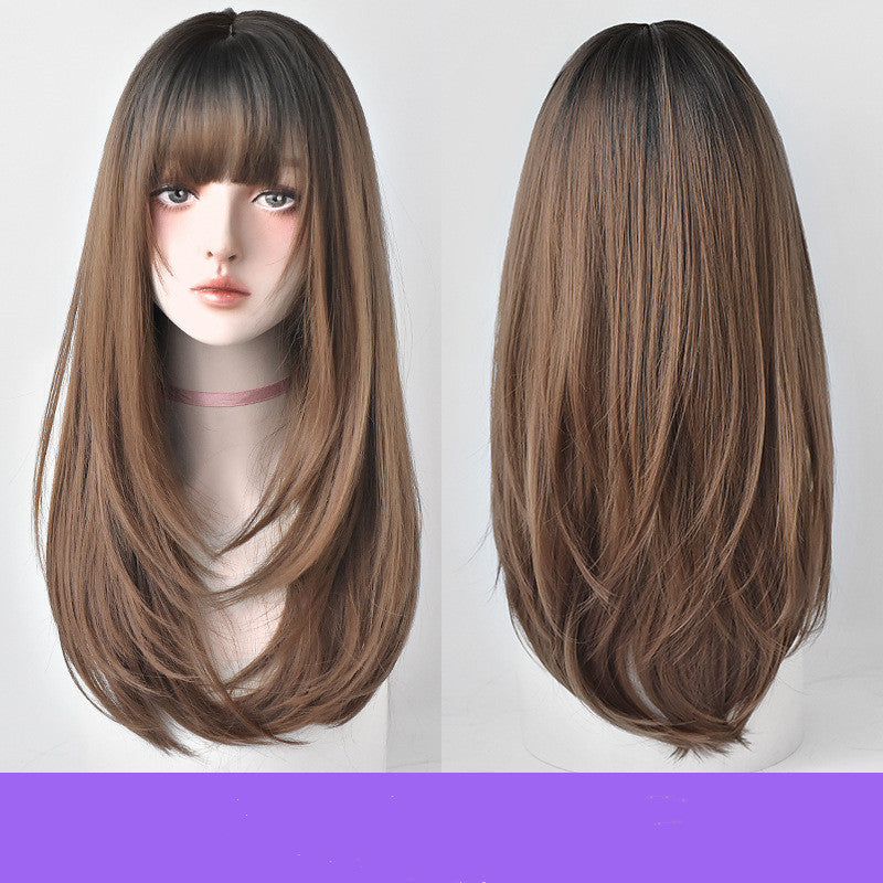 Wig Female Long Hair, Long Straight Hair, Inner Button Air Bangs