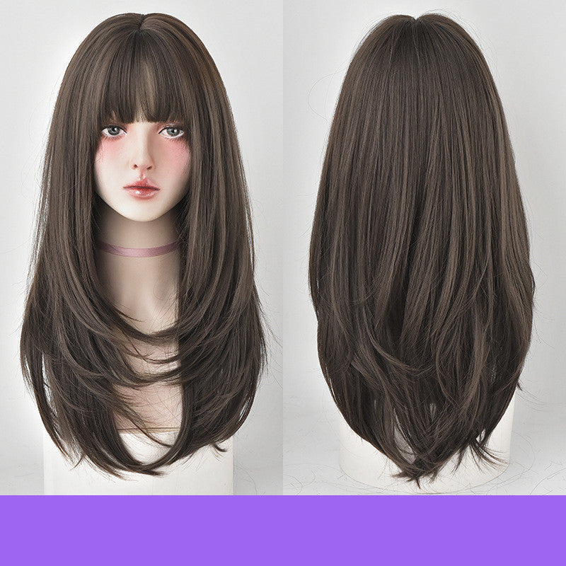 Wig Female Long Hair, Long Straight Hair, Inner Button Air Bangs