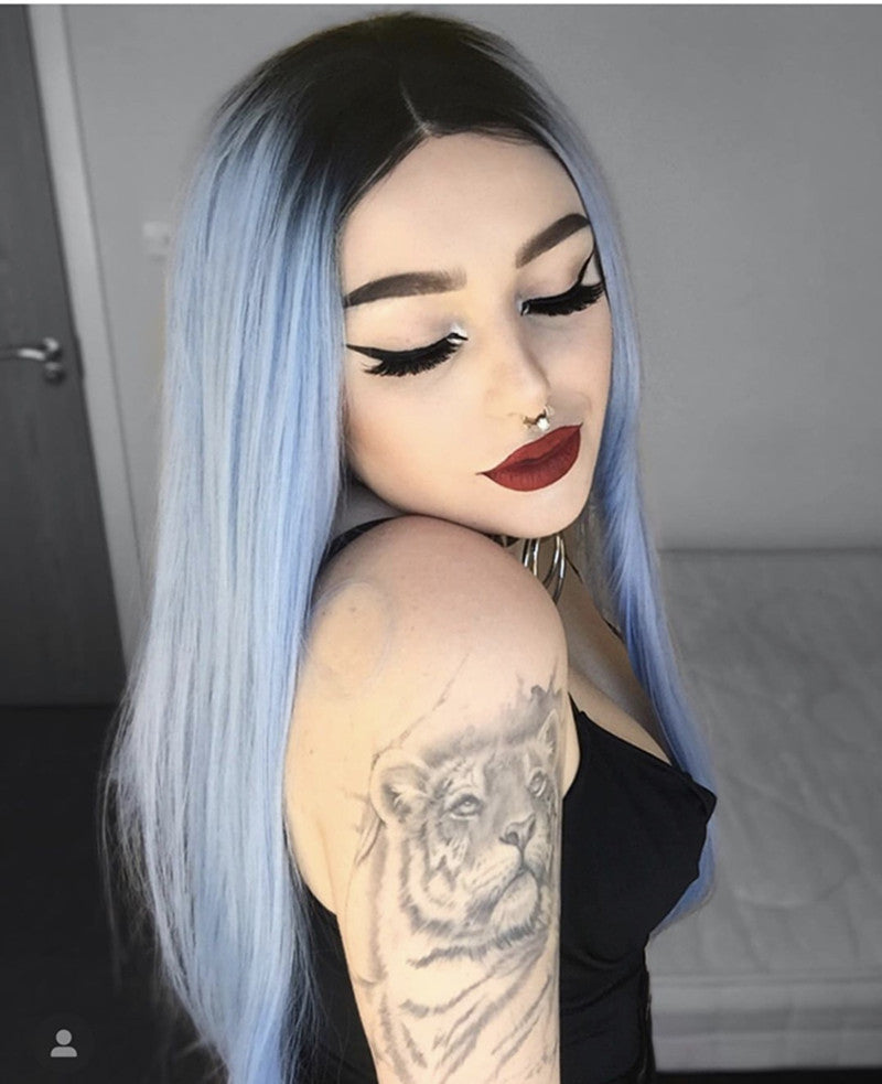 Dyed Long Straight Hair Center Split False Long Hair Black Gradient Sky Blue