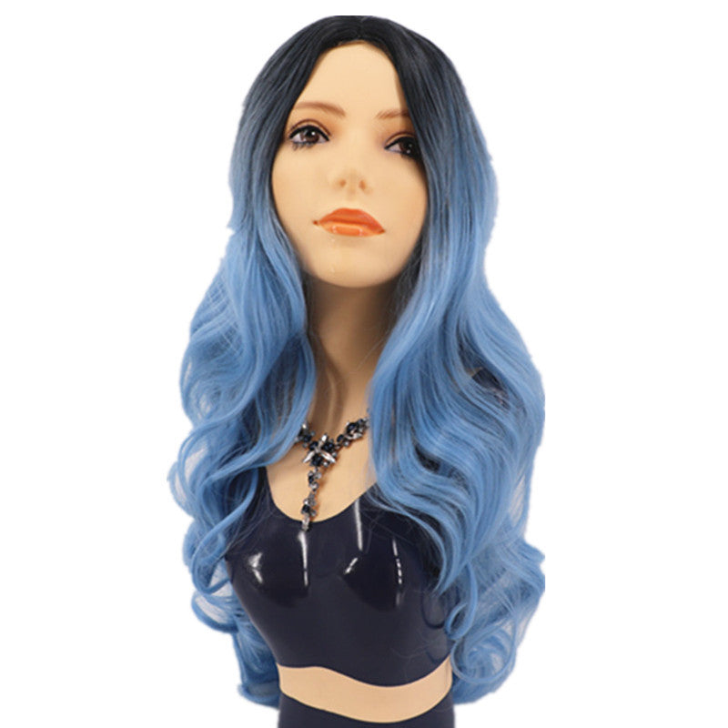 Ladies Black And Blue Gradient Long Curly Hair, High Temperature Silk