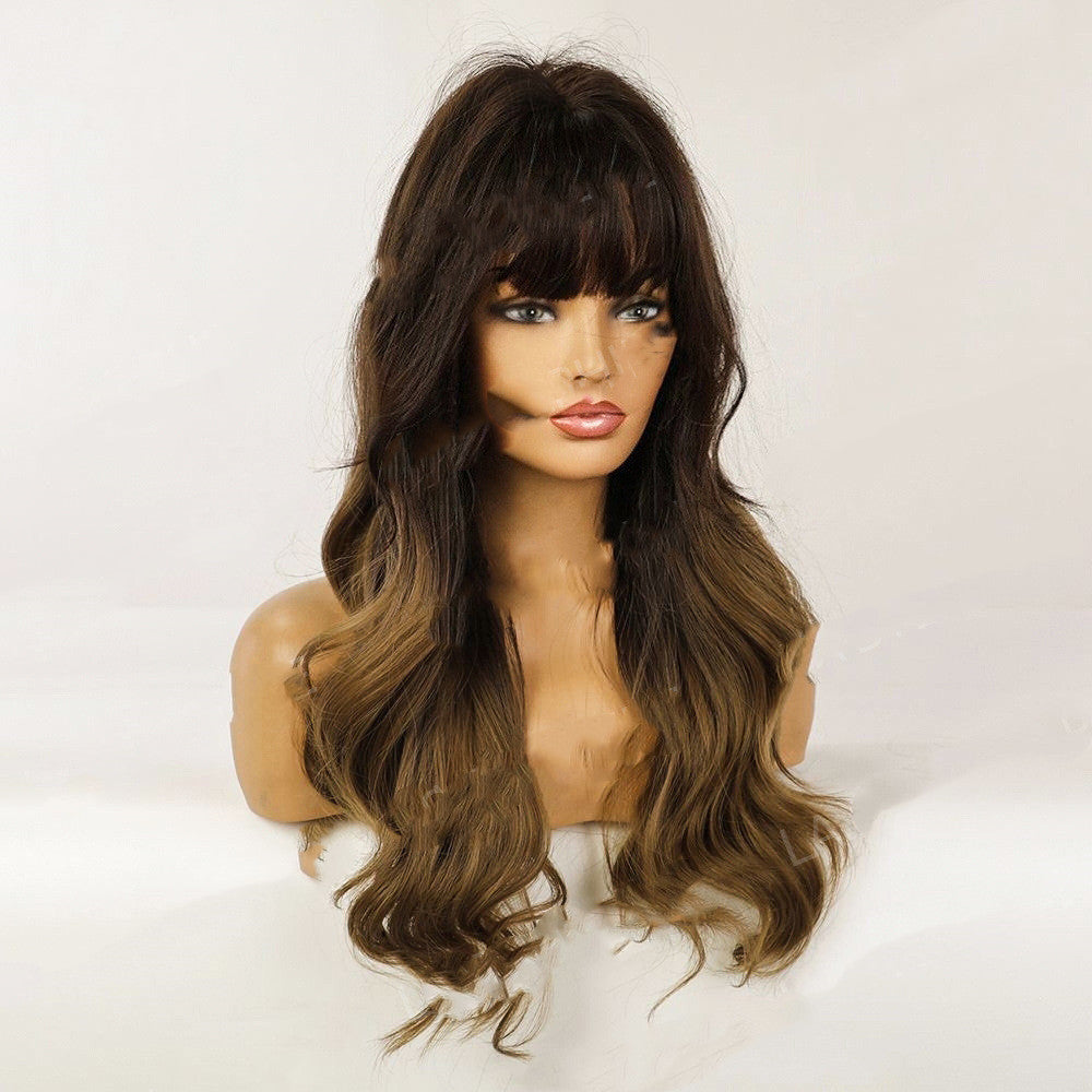 Air Bangs Wave Long Curly Hair Wig Female Full Headgear Brown Gradient Hair