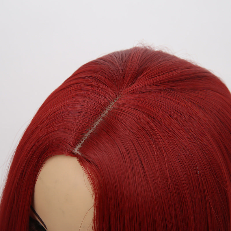 Wig Female Middle Point Wine Red Long Straight Hair Hood Chemical Fiber Hair