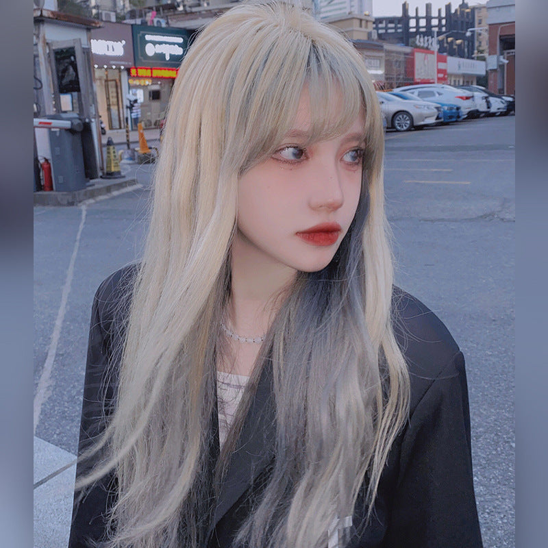 Linen Gold Haze Blue Wig Gradient Color Long Hair Headgear