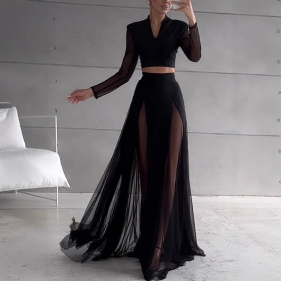 Elastic Mesh Splicing Long Sleeve Set + INS Resort Skirt Two-Piece Set