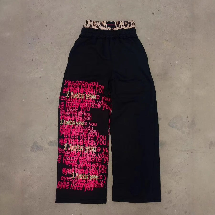 Hip Hop Contrast Color Double Pants Letter Floral Print Casual