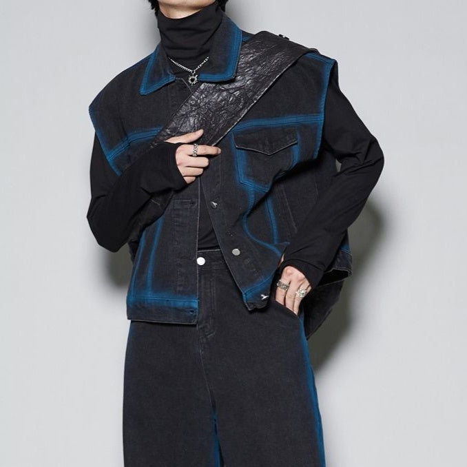 Spray Color Gradient Distressed Vest Coat Jeans Suit