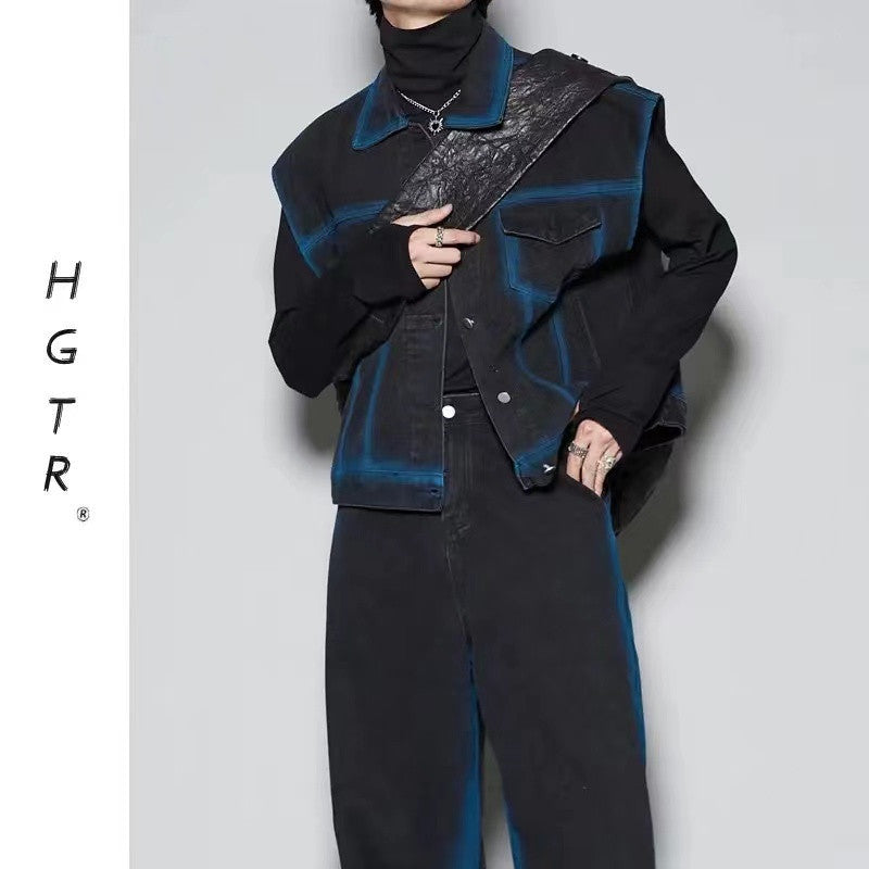 Spray Color Gradient Distressed Vest Coat Jeans Suit