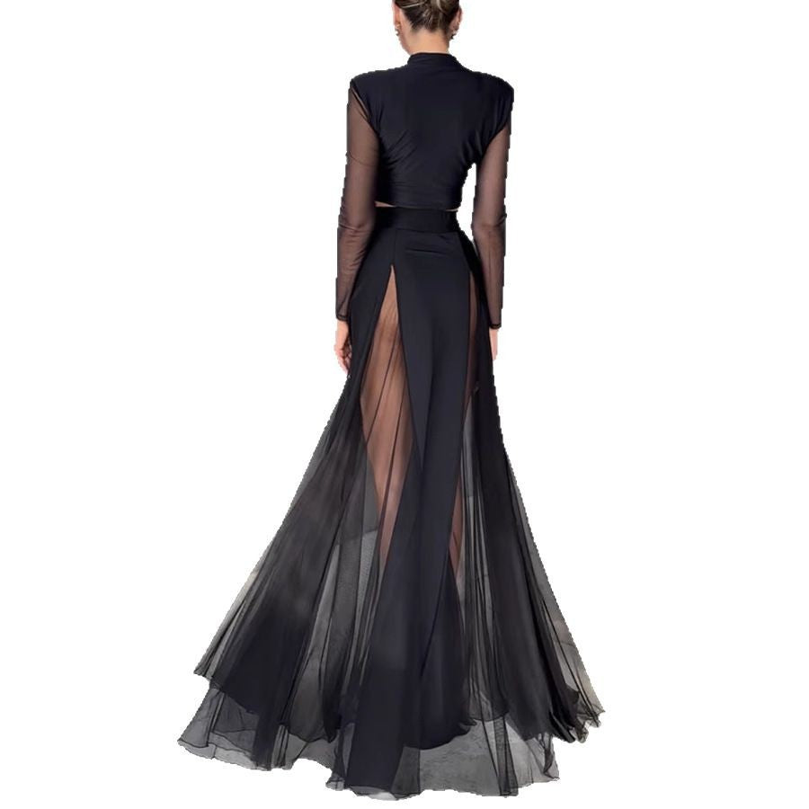 Elastic Mesh Splicing Long Sleeve Set + INS Resort Skirt Two-Piece Set
