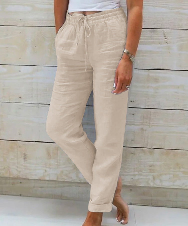 Elastic Waist Solid Cotton Hemp Pants