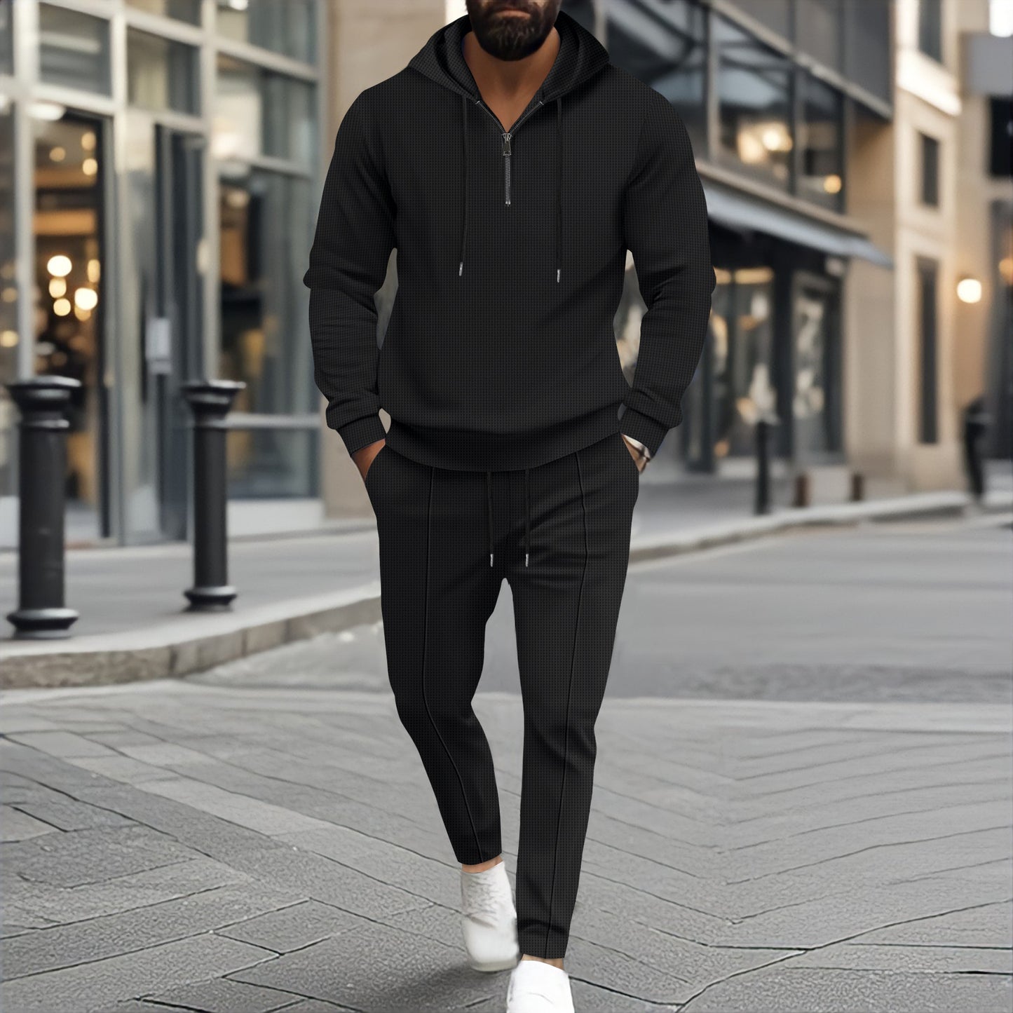 Waffle Hooded Small Zipper Casual Long Sleeve Pants Two-piece Suit