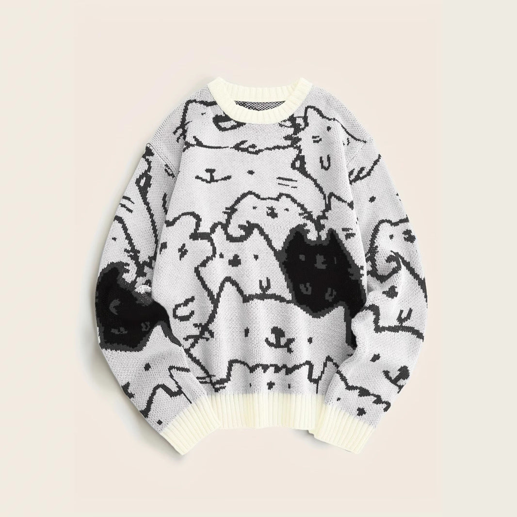 Cat Contrast Color Loose-fitting Casual Round-neck Knitted Sweater