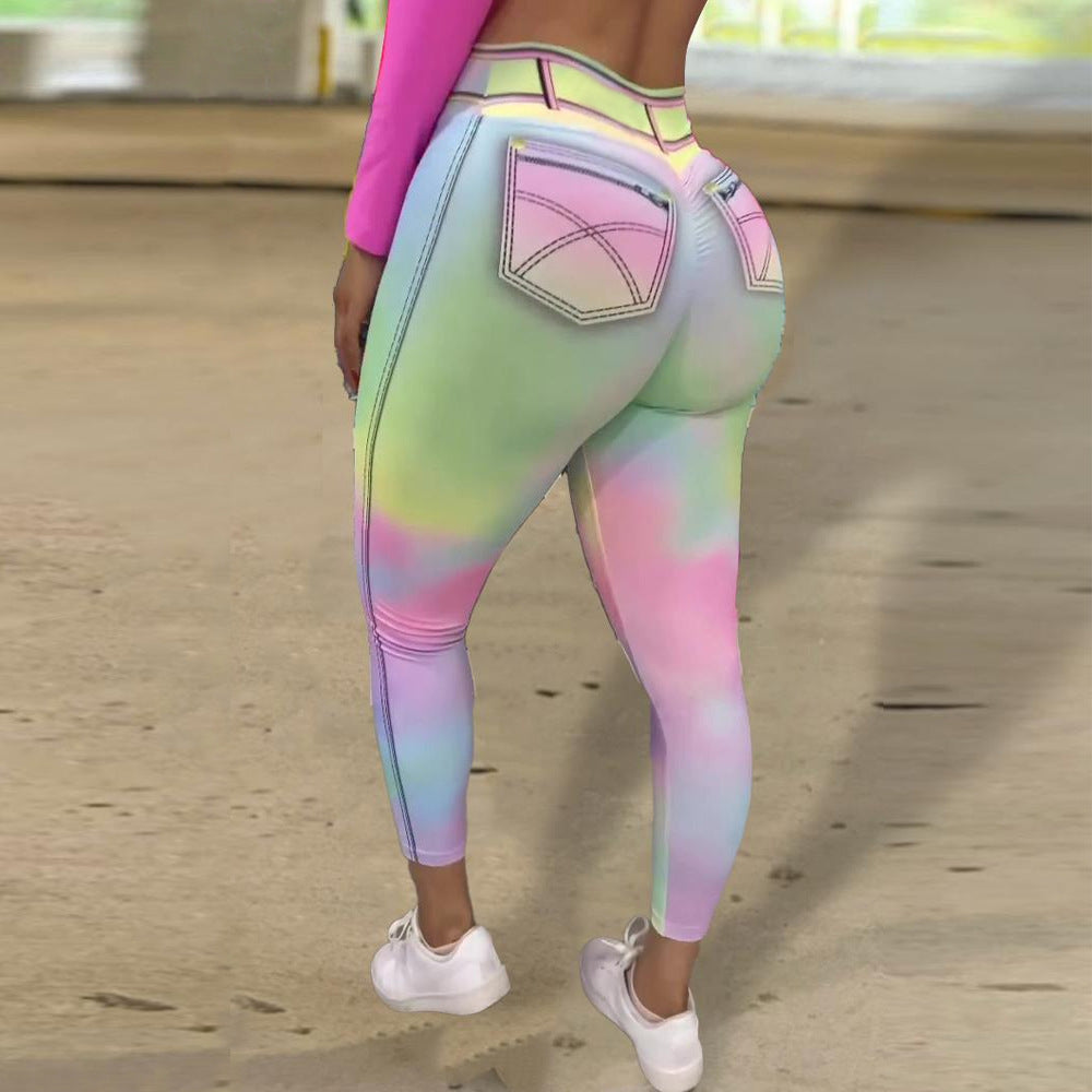 Tie-dyed Colorful Women's Imitation Denim Plus Size Sexy Sports Yoga Pants