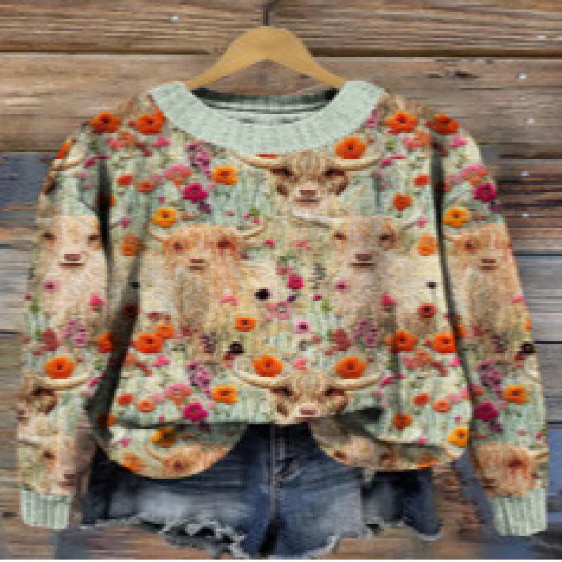 Little Flower Digital Printed Round Neck Sweater