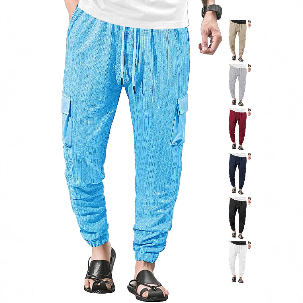 Loose Breathable Micro Elastic Lace-up Imitation Linen Plaid Men's Casual Pants Overalls