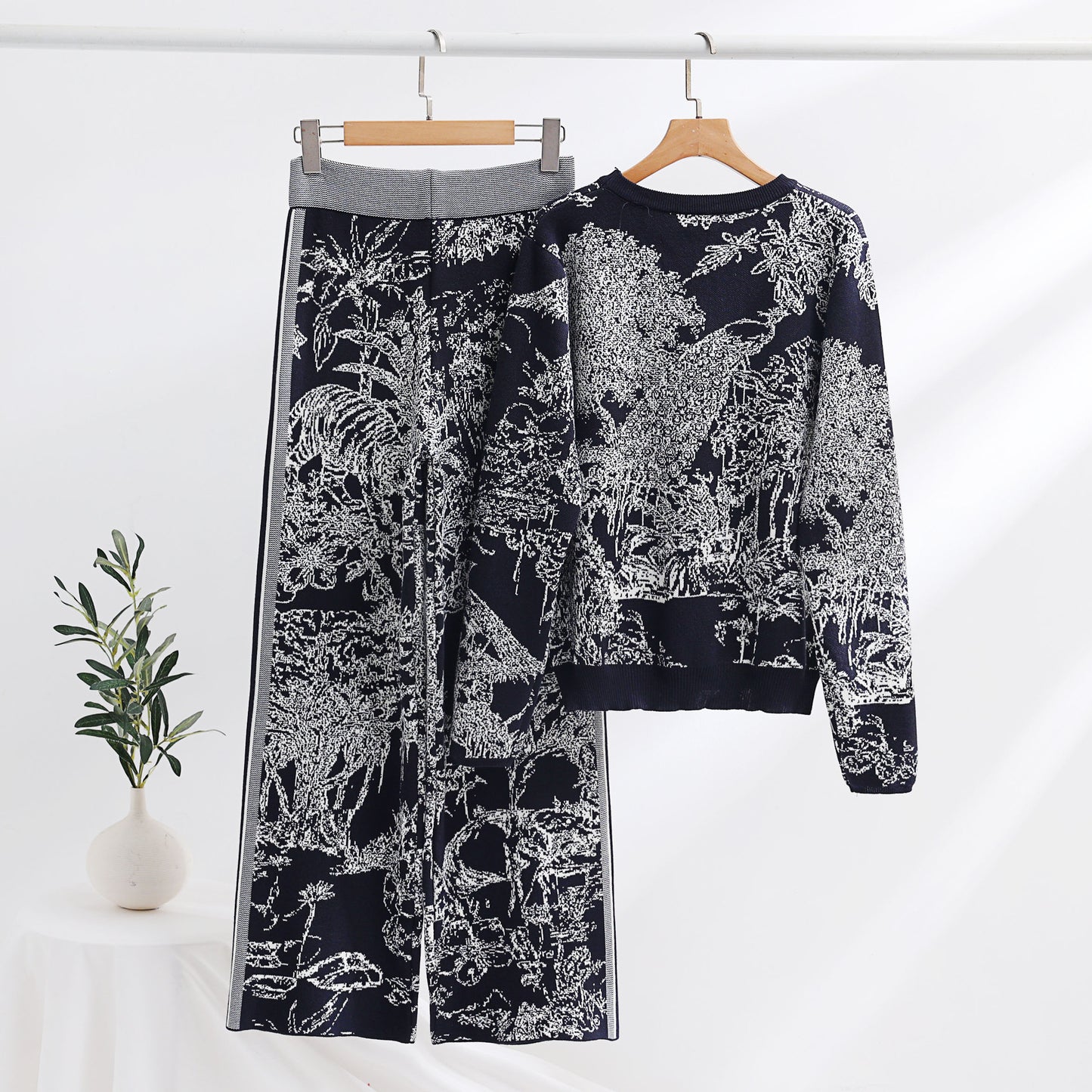 Knitting Patterns Two-piece Set Pullover Long Sleeve Sweater High Waist Wide Leg Top Suit