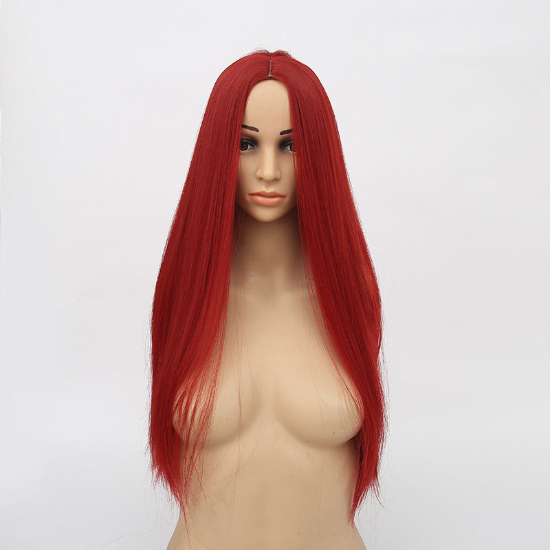 Wig Female Middle Point Wine Red Long Straight Hair Hood Chemical Fiber Hair
