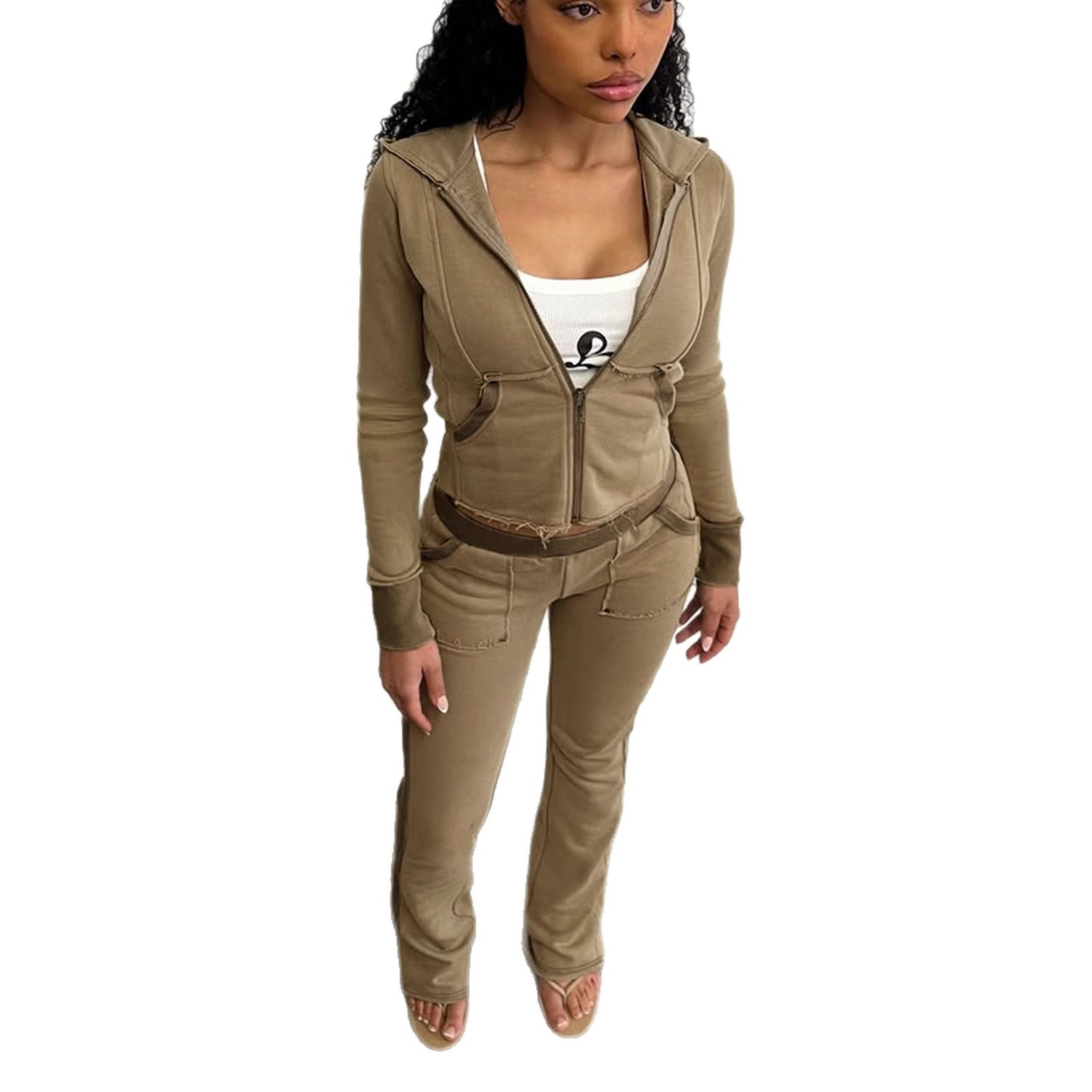 Sporty Style Autumn Casual Hoodie Set Color Block Frayed Hem Hooded Jacket Low Waist Flared Pants Streetwear Women's Outfit