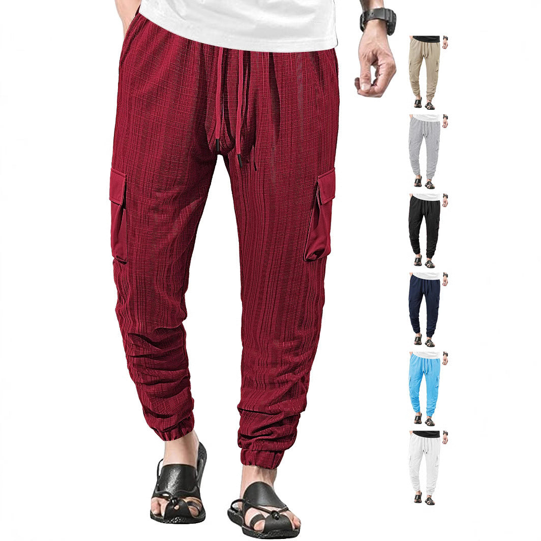 Loose Breathable Micro Elastic Lace-up Imitation Linen Plaid Men's Casual Pants Overalls