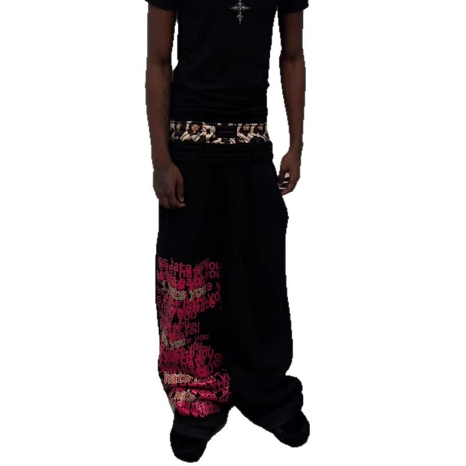 Hip Hop Contrast Color Double Pants Letter Floral Print Casual