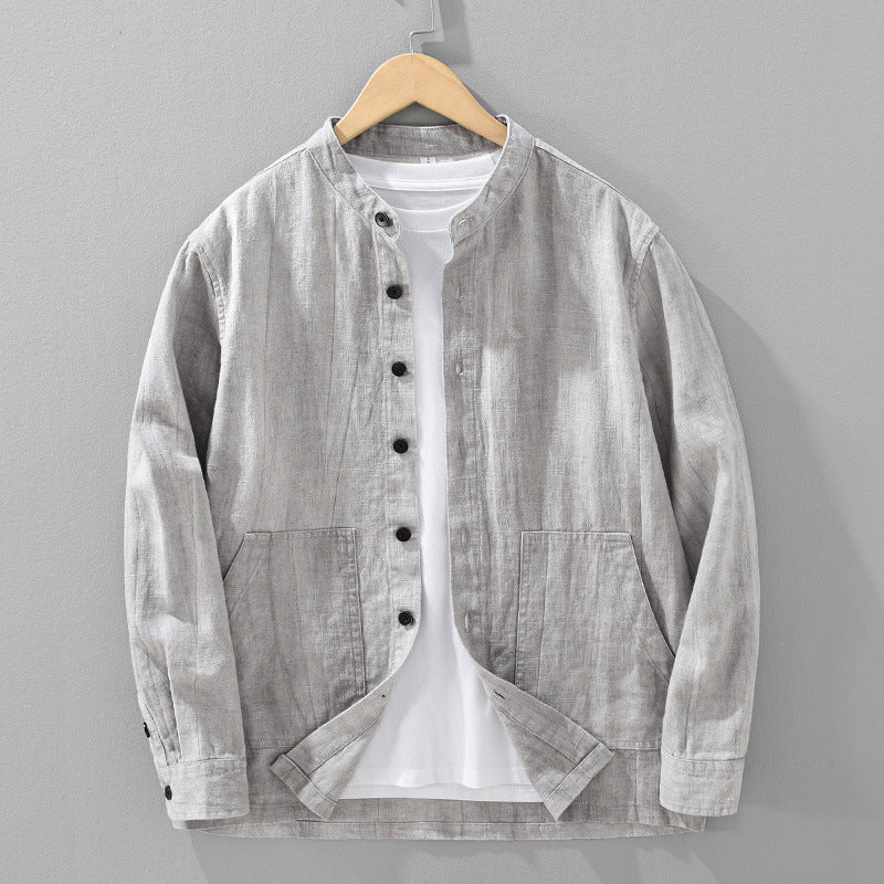 Men's Solid Color Ramie Stand Collar Retro Casual Coat Shirt