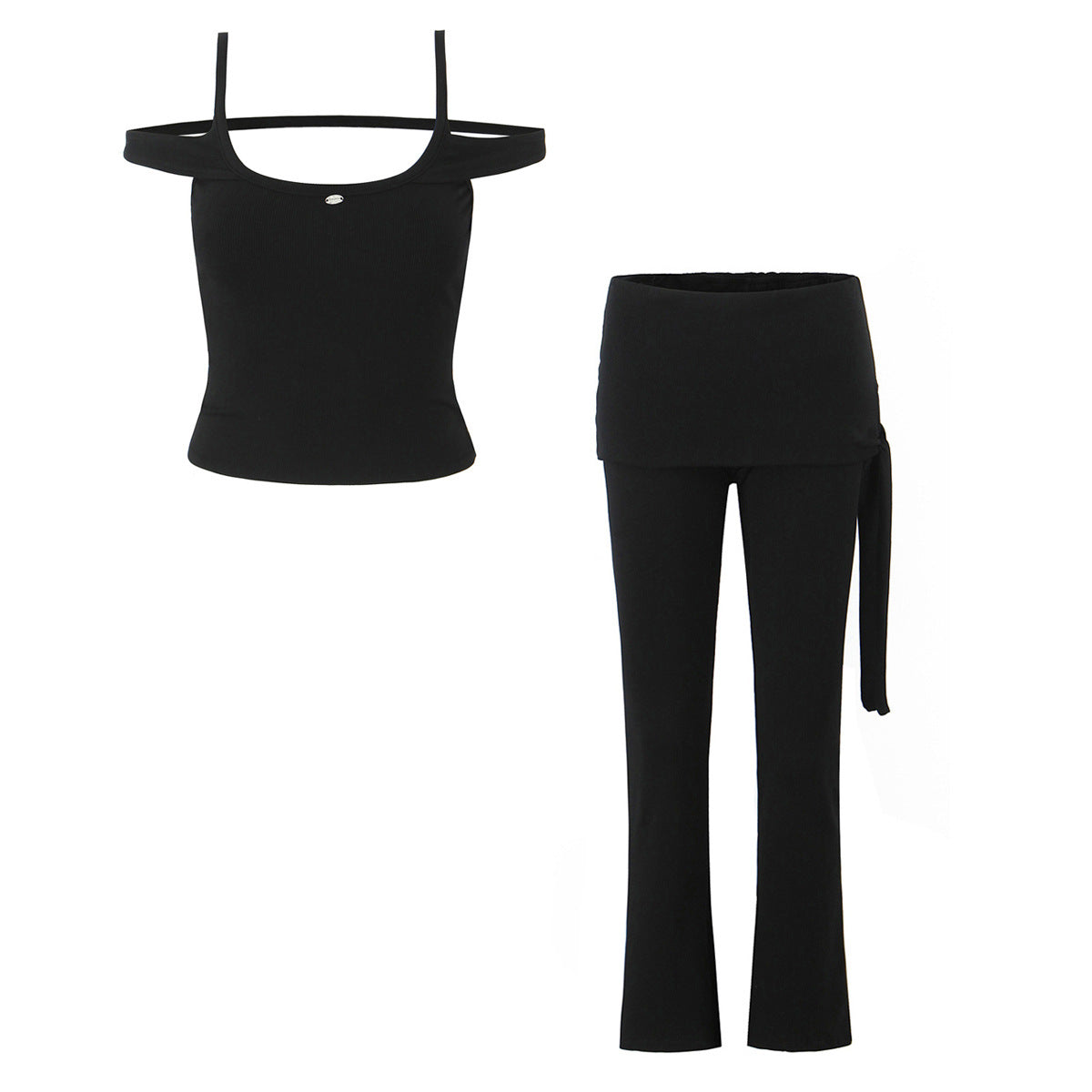 Off shoulder camisole vest+fake two-piece lace up hip hugging pants