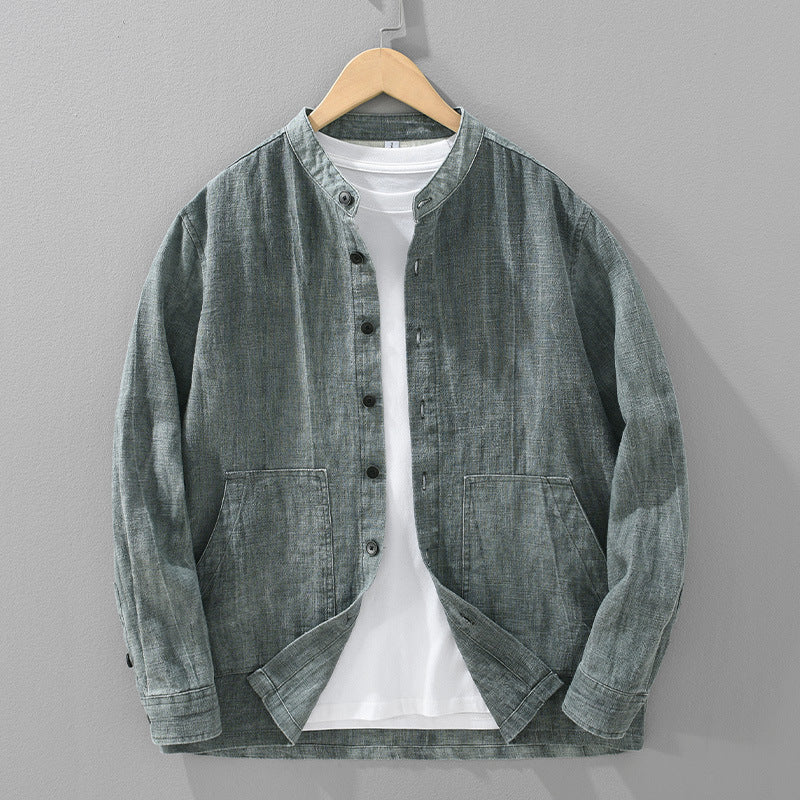 Men's Solid Color Ramie Stand Collar Retro Casual Coat Shirt