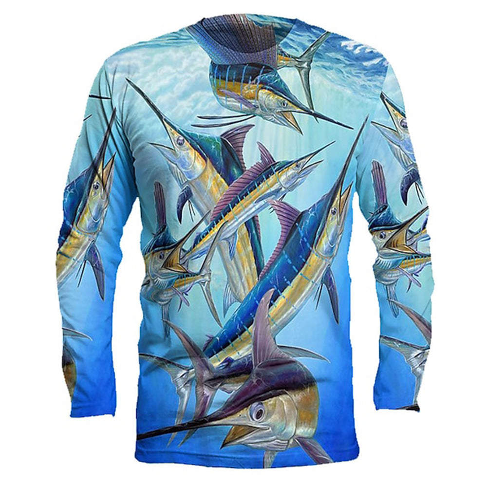 Men's Round Neck Pullover Fish Printed Long-sleeved Top