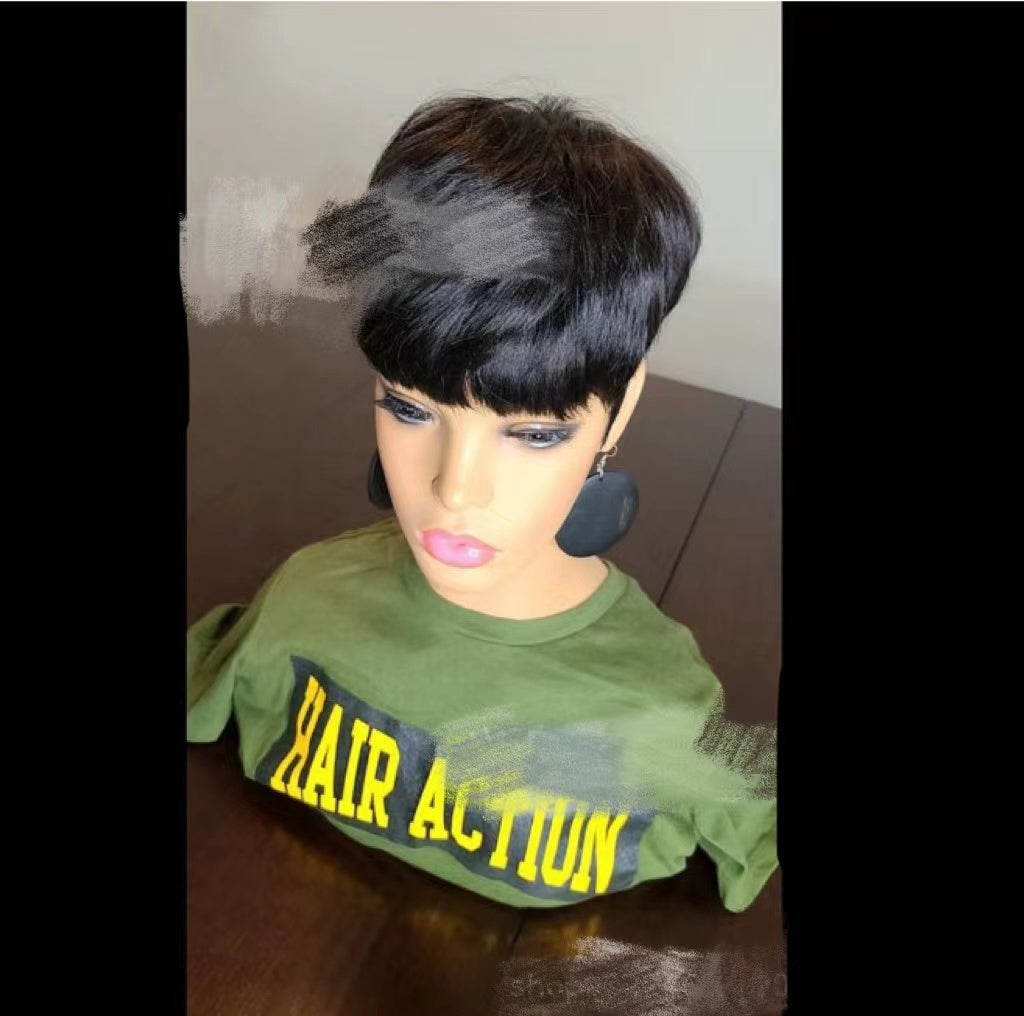 Short Cropped Bangs Fluffy Short Straight Black Hair For Men