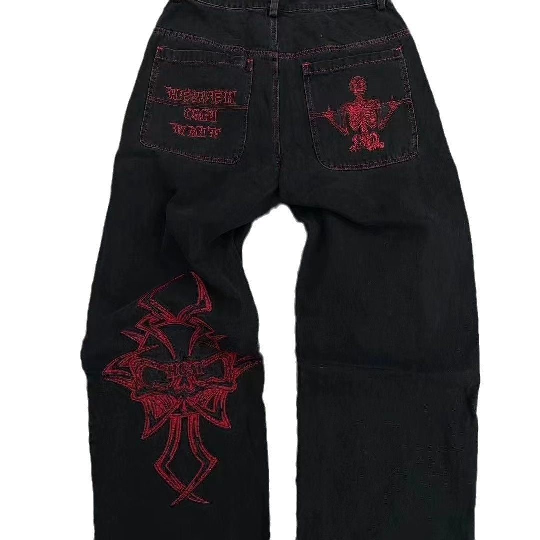 Embroidered Skull Cotton Casual Pants Men's Straight-leg Pants