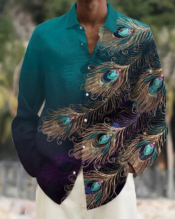 Gradient Digital Printing Lapel Long Sleeve Shirt Men