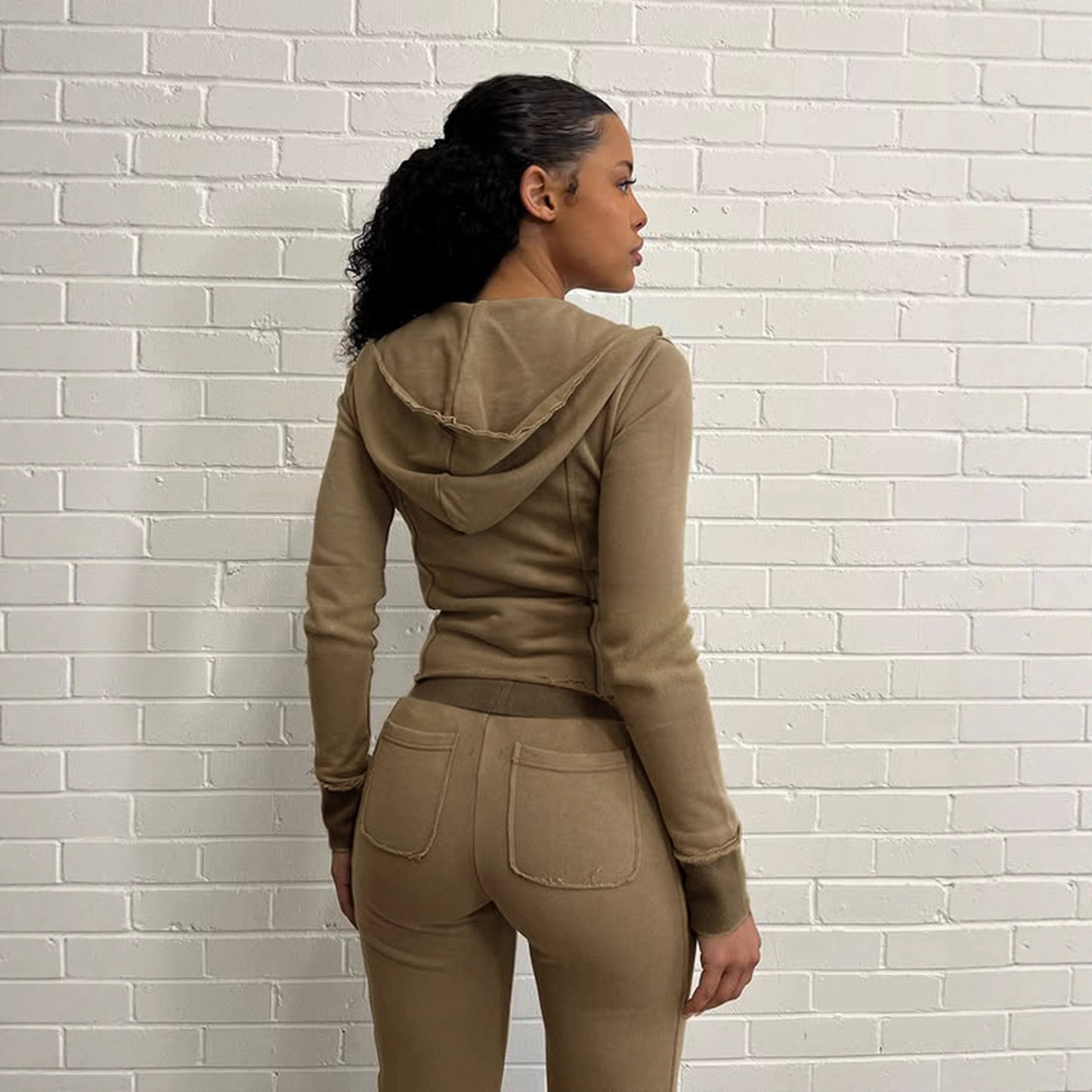Sporty Style Autumn Casual Hoodie Set Color Block Frayed Hem Hooded Jacket Low Waist Flared Pants Streetwear Women's Outfit
