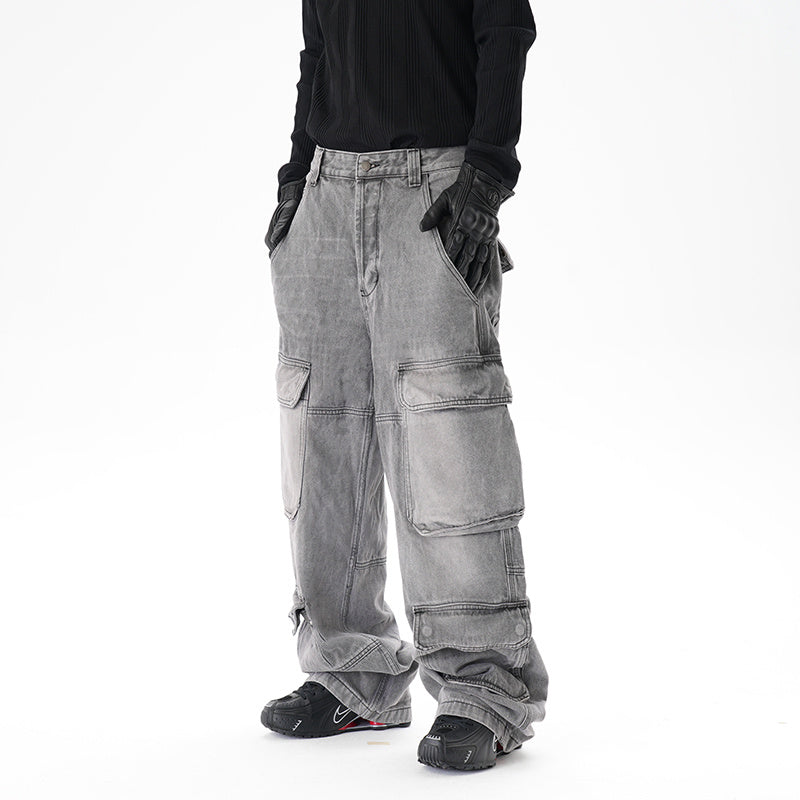 Distressed Multi-pocket Casual Loose Straight-leg Denim Overalls