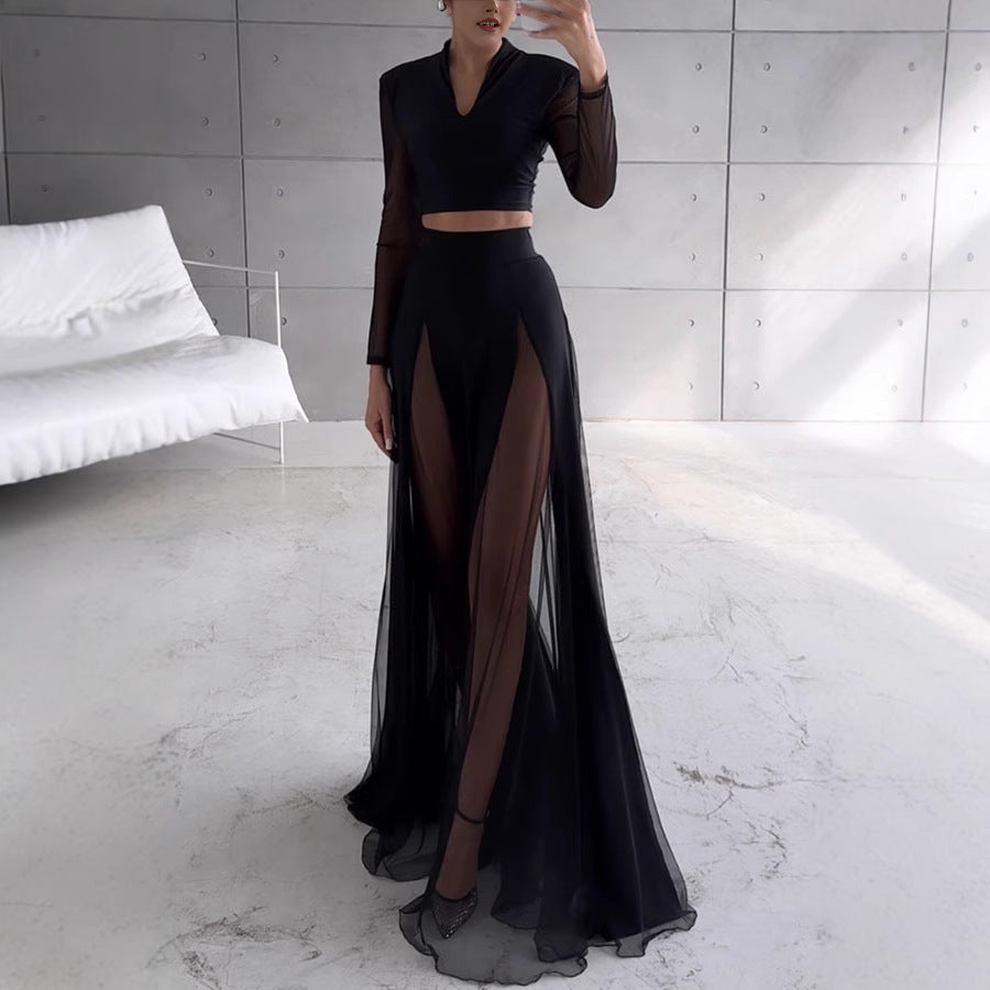 Elastic Mesh Splicing Long Sleeve Set + INS Resort Skirt Two-Piece Set