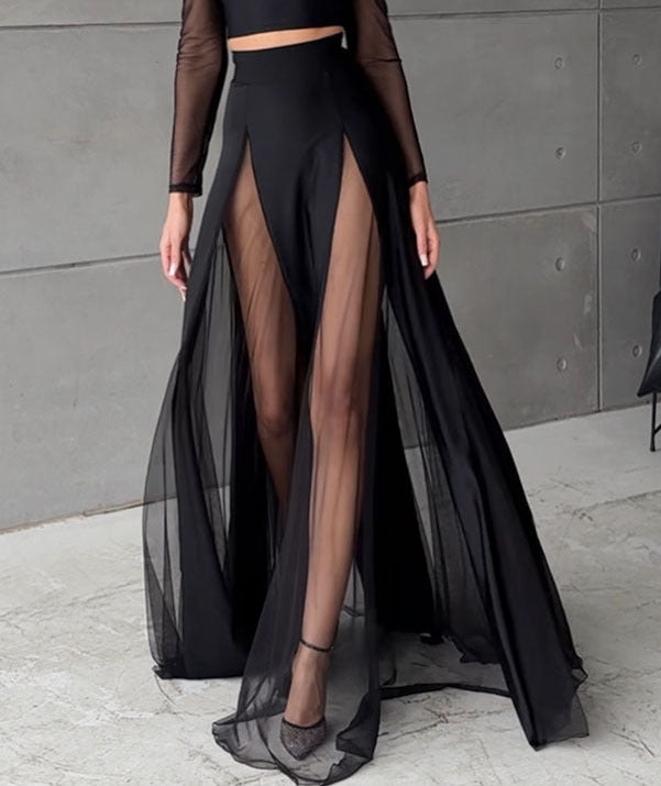 Elastic Mesh Splicing Long Sleeve Set + INS Resort Skirt Two-Piece Set