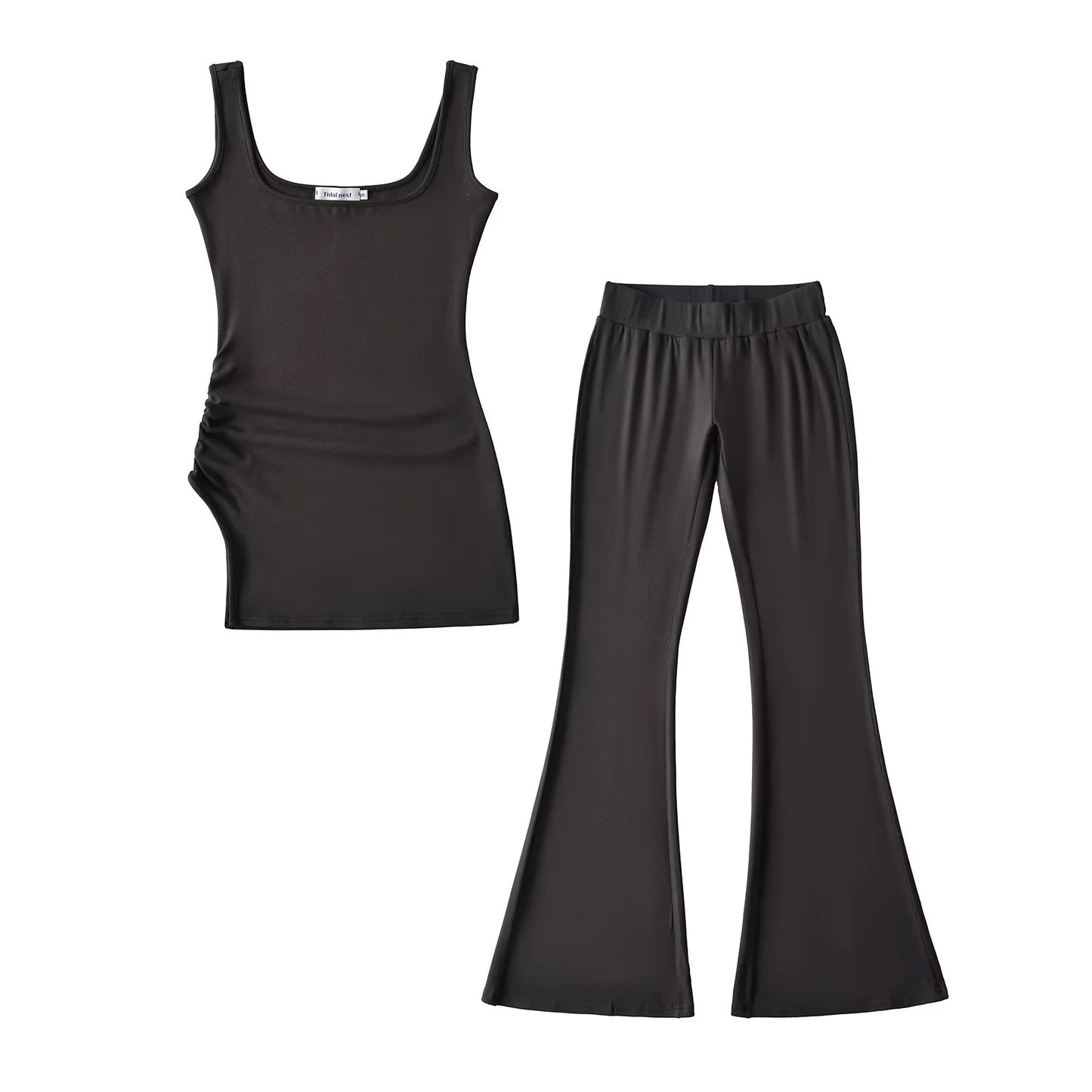 Irregular pleated camisole vest+elastic waist micro flared pants two-piece set