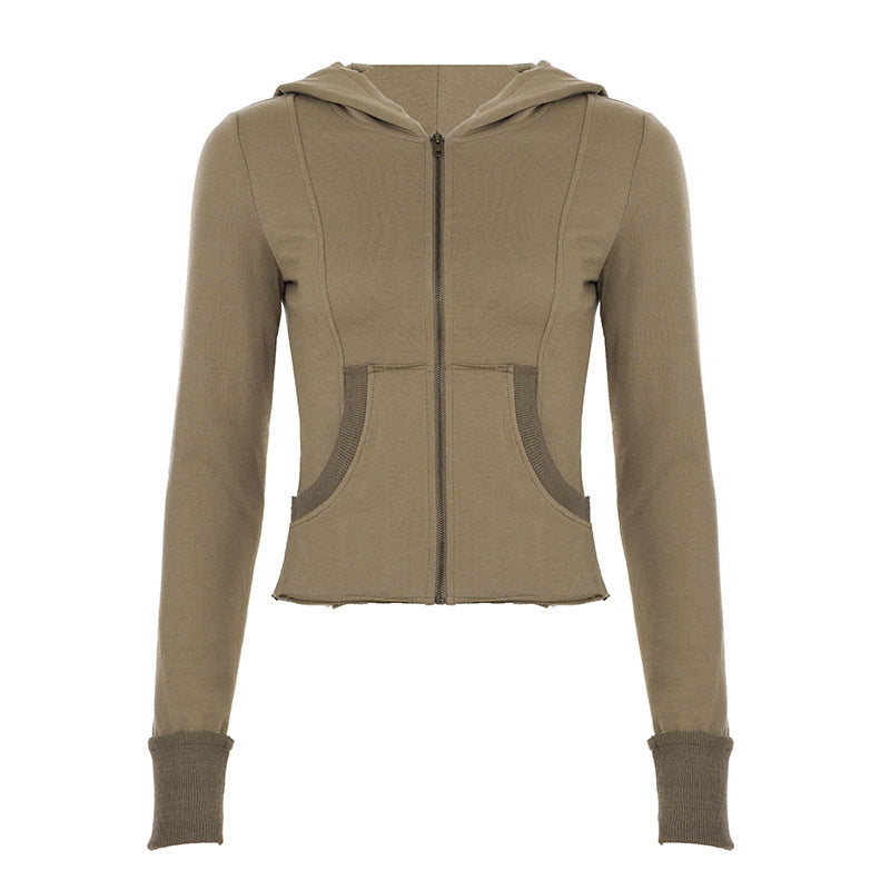 Sporty Style Autumn Casual Hoodie Set Color Block Frayed Hem Hooded Jacket Low Waist Flared Pants Streetwear Women's Outfit