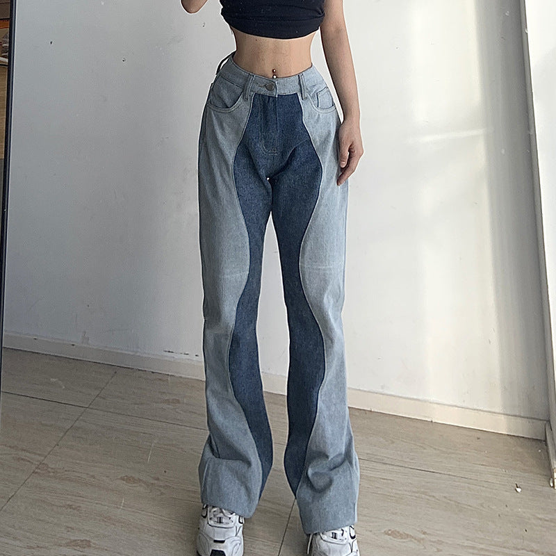 American Color Blocking Leg Length Straight Casual Jeans