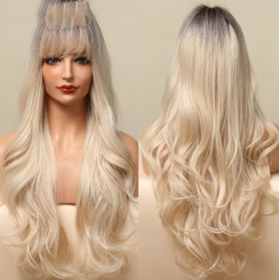 Female Eightcharacter Bangs Full Head Cover High Temperature Long Curly Hair Wig