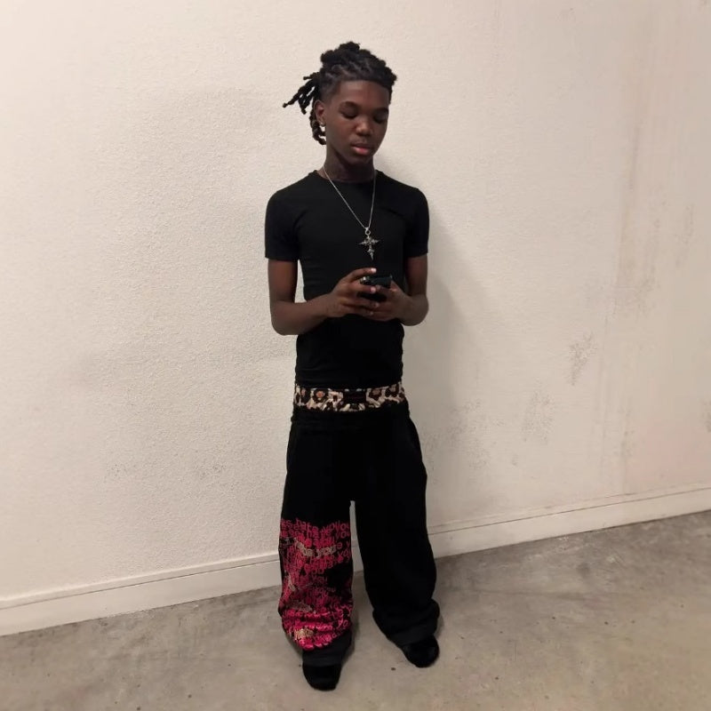 Hip Hop Contrast Color Double Pants Letter Floral Print Casual