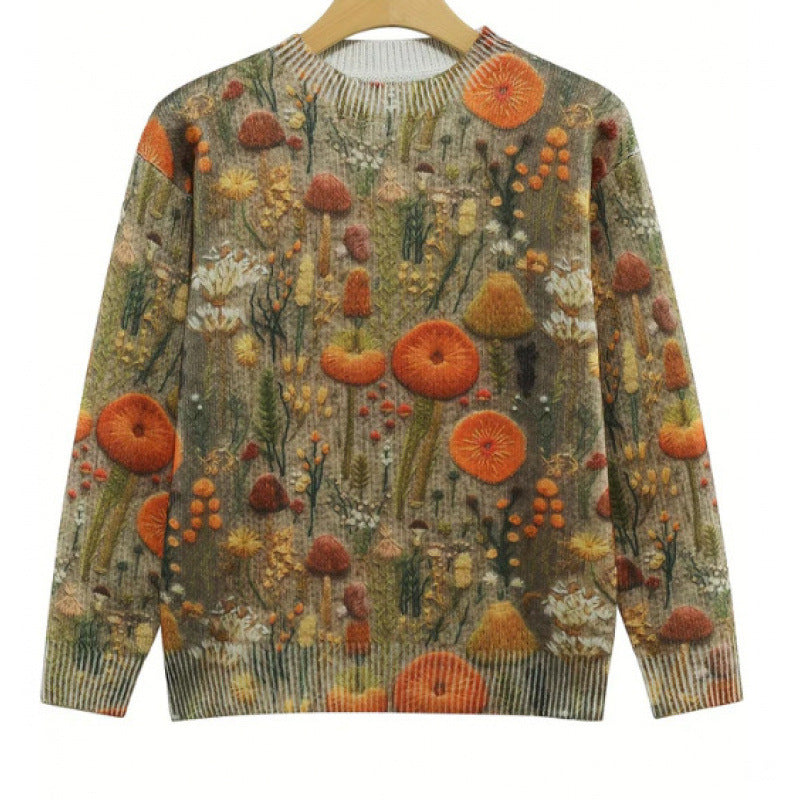 Little Flower Digital Printed Round Neck Sweater