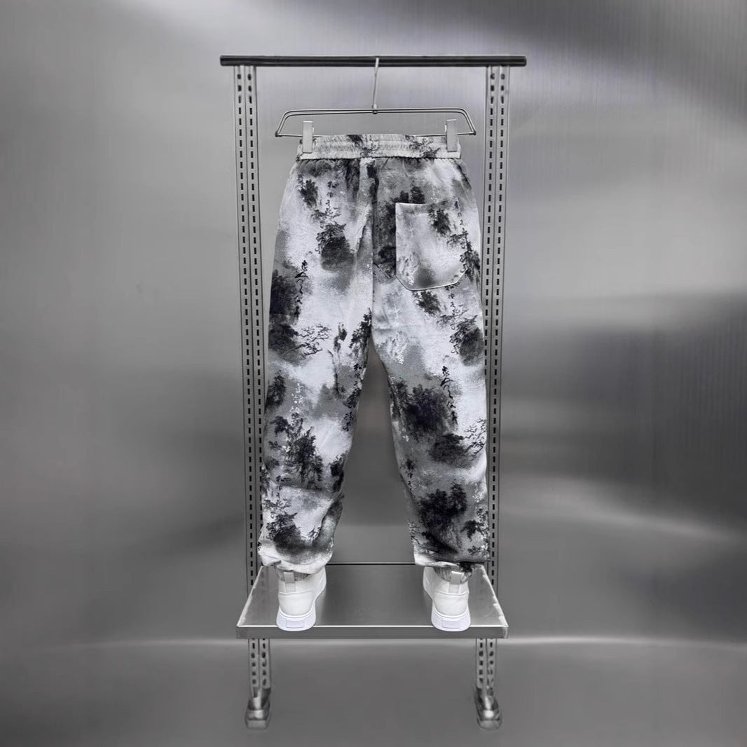 Light And Thin Ice Silk Casual Pants National Style Ink Painting Printed Ankle-tied