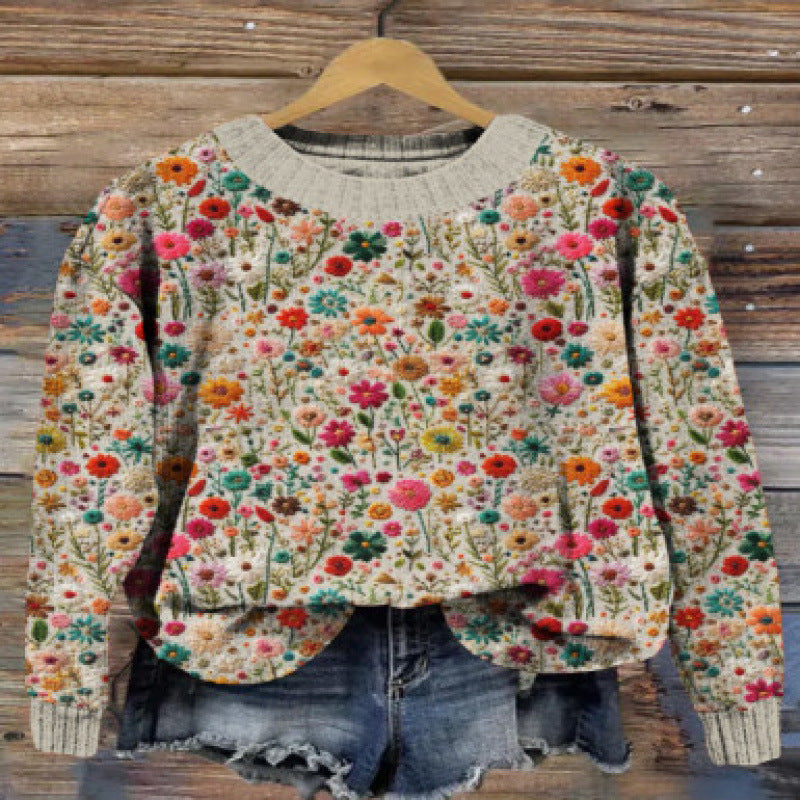 Little Flower Digital Printed Round Neck Sweater